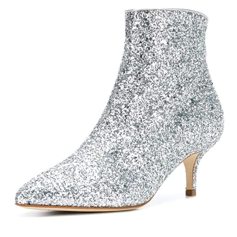 XYD Silver Glitter Kitten Heel Pointed Toe Side Zips Party Dress Ankle Boots